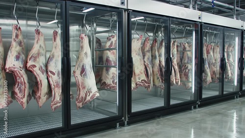 Chilled Meat Carcasses Hanging in Refrigerated Display Cases with Glass Doors in Rows