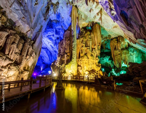 Colorful cave formations reflected in a pool of water