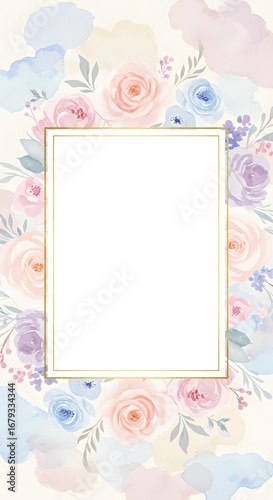 Wallpaper Mural Watercolor floral frame with pastel roses, leaves, and soft cloud-like background, surrounding a blank white space. Torontodigital.ca