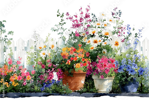 watercolor colorful flowers in a garden