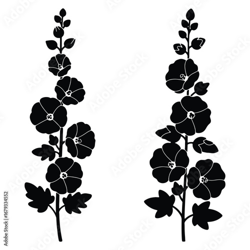 Elegant Black and White Floral Design featuring Hollyhocks for Decoration and Ornamental Purposes with a Minimalist Aesthetic and Natural Botanical Elements