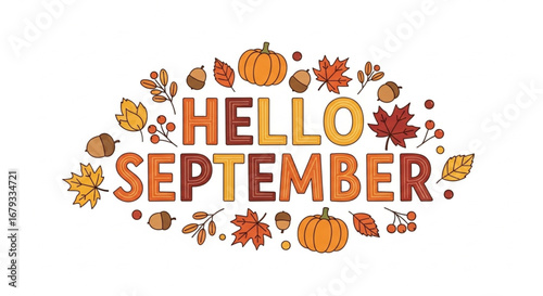 Hello September Autumn Leaves and Pumpkin Illustration