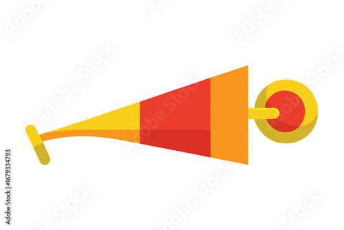 Retro styled geometric horn blower object with vibrant colors on white