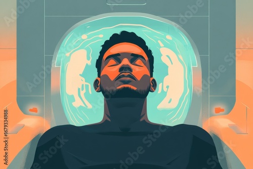 A man serenely floats in a futuristic, teal-lit pod, eyes closed, suggesting relaxation or medical treatment.