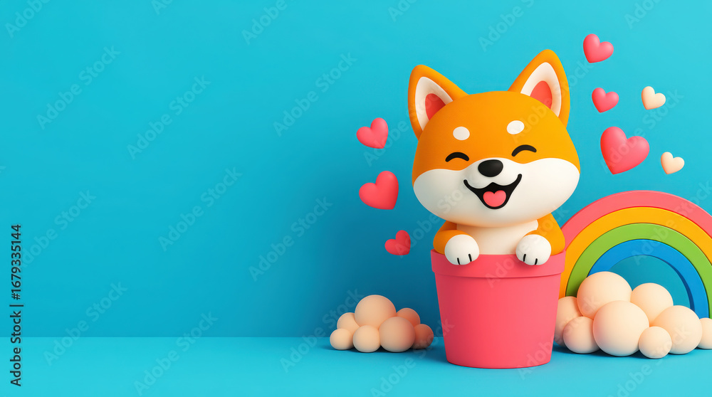 Fototapeta premium Orange dog in pink pot with hearts and rainbow image