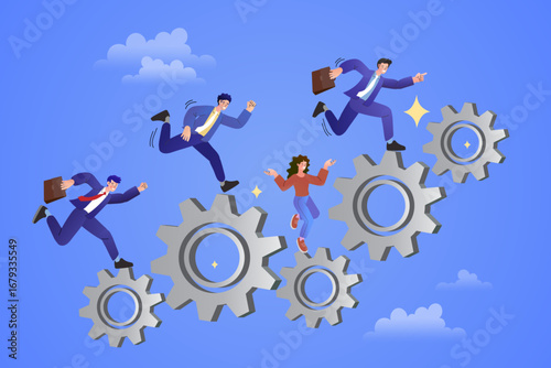 Teamwork and business process concept. A team of business people running up on interlocking gears. A vector illustration for collaboration, workflow optimization, and project management.