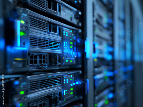 High-tech server racks in data center, glowing blue lights, modern IT infrastructure, networking equipment closeup, 4K, realistic, digital technology -network hub and patch cables