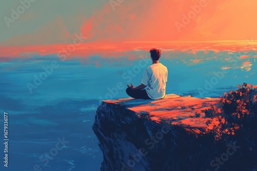 A man meditates on a cliff overlooking a vibrant sunset ocean, finding peace and serenity.