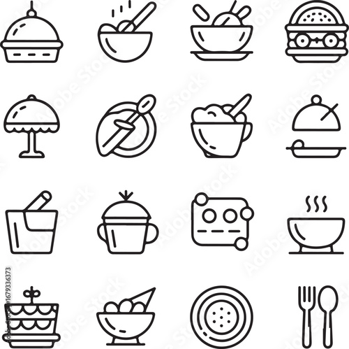 Collection of simple black outline food and drink icons on white background vector
