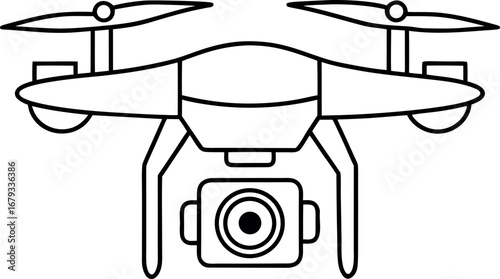 Drone with camera vector line art illustration aerial photography technology flying device simple outline design isolated on white background modern unmanned vehicle