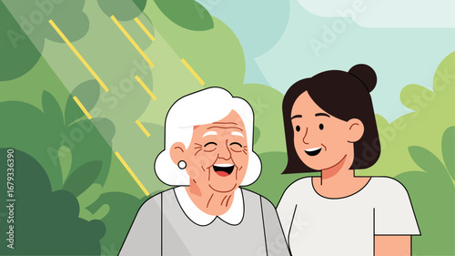 Grandmother and Granddaughter Laughing and talking in a Garden
