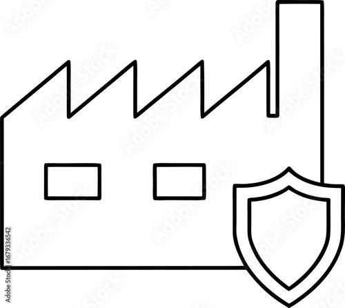 Factory and security shield icon symbolizing industrial safety measures and protection of manufacturing assets representing industry integrity and safety protocol