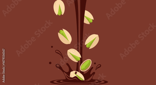 Pistachios Falling into Liquid Chocolate with a Splash