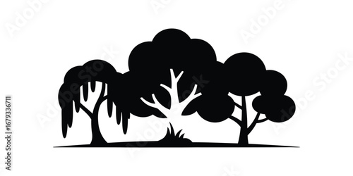 Stylized Black and White Silhouette of Three Trees, Simple Nature Illustration, Peaceful Woodland Scene, Vector Graphic.