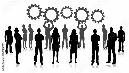 Teamwork drives success, silhouettes collaborate under gears symbolizing industry and progress.