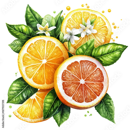 Citrus Fruit Summer Pattern, watercolor drawing vector, isolated on a white background.