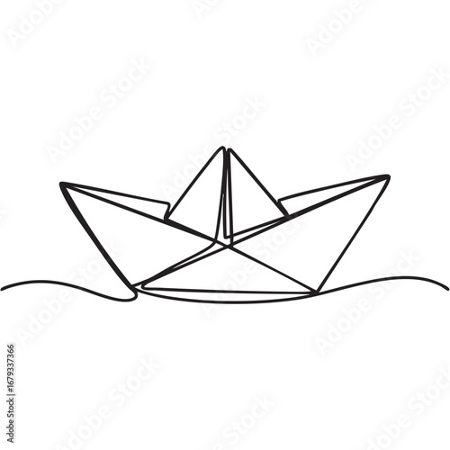Continuous line drawing of a paper boat floating on water with a simple and minimalist design style