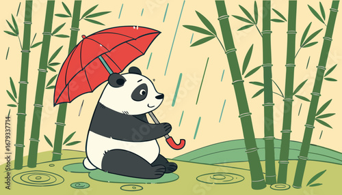 A giant panda holding a red umbrella, sitting peacefully in a bamboo forest during heavy rain, misty atmosphere, photorealistic, cinematic composition, heartwarming and artistic wildlife scene."