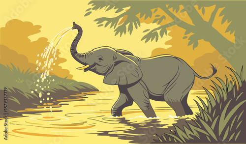 A baby elephant playfully splashing water from a river, golden sunlight reflecting off the water, high detail, cinematic wildlife photography, emotional and joyful illustration."