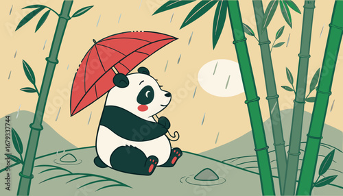 A giant panda holding a red umbrella, sitting peacefully in a bamboo forest during heavy rain, misty atmosphere, photorealistic, cinematic composition, heartwarming and artistic wildlife scene."