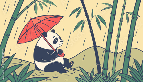 A giant panda holding a red umbrella, sitting peacefully in a bamboo forest during heavy rain, misty atmosphere, photorealistic, cinematic composition, heartwarming and artistic wildlife scene."