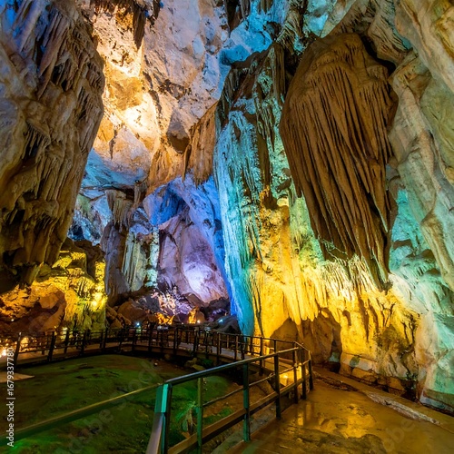 Colorful cave interior with pathways