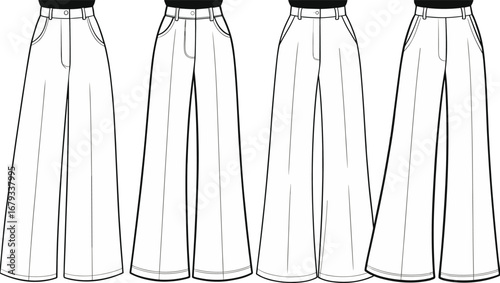High waist wide leg pants fashion sketch, technical flat drawing, front views, four styles, trendy women’s trousers, vector template