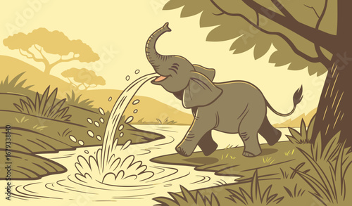 A baby elephant playfully splashing water from a river, golden sunlight reflecting off the water, high detail, cinematic wildlife photography, emotional and joyful illustration."