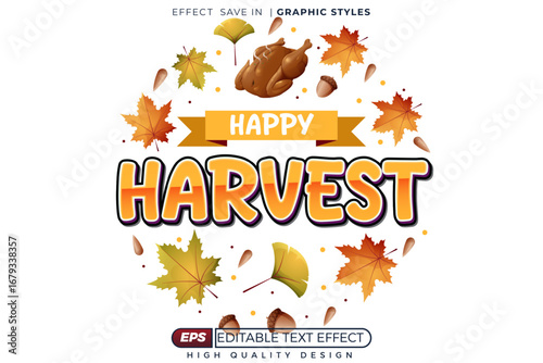 Editable 3D Happy Harvest Text Effect, Autumn Fall Typography with Decorative Leaves and Turkey, Seasonal Poster Template for Thanksgiving Design