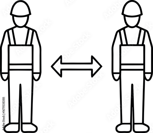 Social distancing illustration with construction workers wearing hard hats and safety vests standing apart with an arrow between them representing spatial separation and health safety guidelines