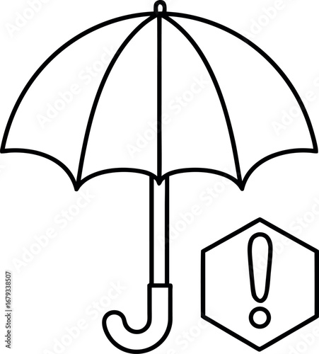 Vector illustration featuring an umbrella with a handle and an exclamation mark inside a hexagon a concept for potential hazards risk assessment and security issues
