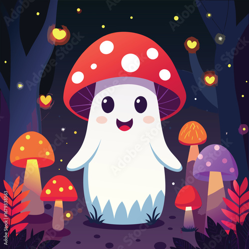 Mushrooms in the snowy winter forest with Christmas holiday decoration illustration