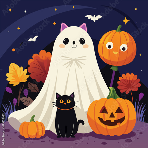 Spooky Halloween night background with pumpkins, bats, and a spooky cartoon cat