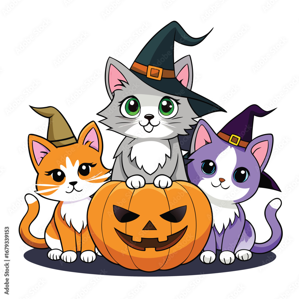 Obraz premium Cute halloween cat with a pumpkin illustration