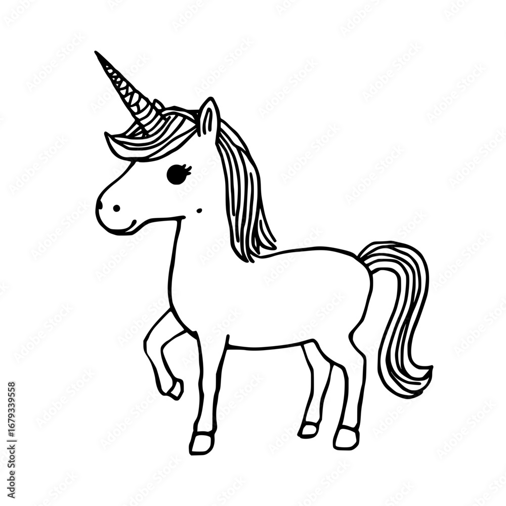 Obraz premium An enchanting black and white illustration of a mythical unicorn, showcasing its graceful posture and iconic horn, embodies fantasy and wonder. vector illustration