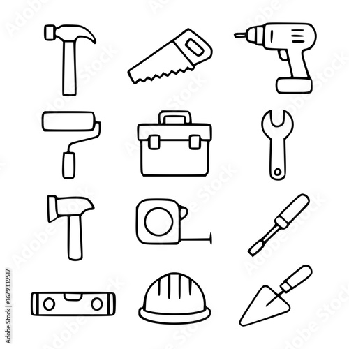 A collection of essential tools, arranged with precision, ready to facilitate construction and repairs, providing all the necessary equipment to build, renovate, or simply improve.