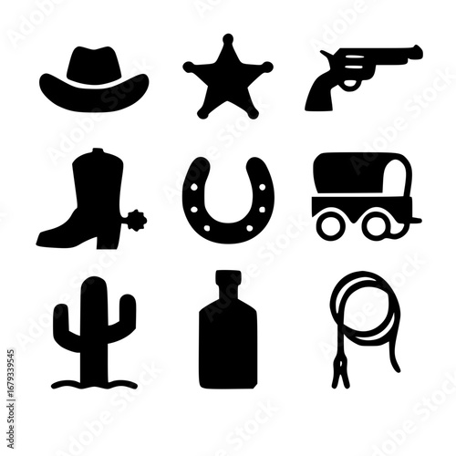 A captivating collection of iconic western symbols and items in a neat graphic design, black silhouette-style, perfect for illustrating the essence of the Wild West. vector illustration