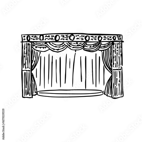 A sketch of an empty stage curtain, an illustration of the space for performing arts, the main point of the artwork is minimalism.