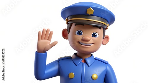 3D cartoon illustration of a smiling male police officer in a blue uniform and cap, waving hello with his right hand.