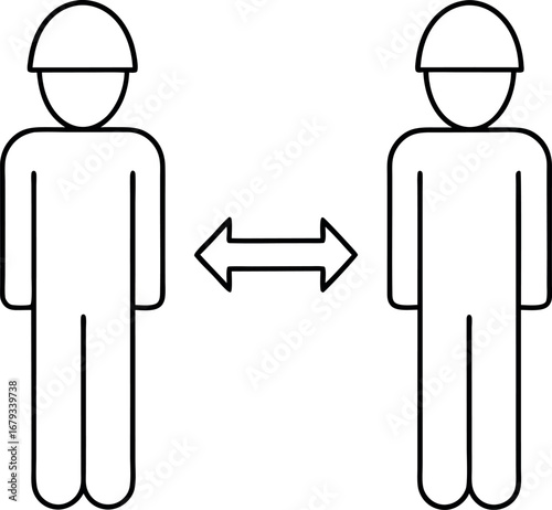 Maintain social distancing with worker safety protocol showing two people standing apart with double headed arrow in between illustrating recommended safe space