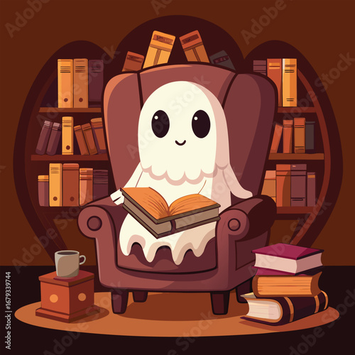 halloween Cartoon illustration of a bear and a person reading a book together