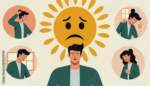 Illustration of Sad Young Man with Sun Icon and Various Emotional Expressions