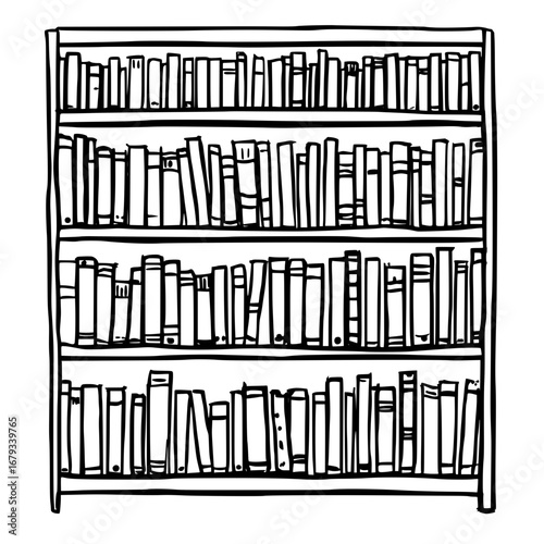 A hand-drawn bookcase illustration packed with books invites readers to explore knowledge, imagination, and the art of storytelling. vector illustration