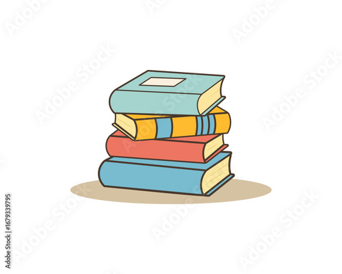 Flat style illustration of a stack of books in various colors. Educational and academic concept design suitable for school, library, reading, learning, and literature themes.