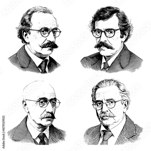 An artistic montage of distinguished scholars, their wise expressions enhanced by their elegant eyeglasses, presents a glimpse into the world of intellectual prowess and profound contemplation.