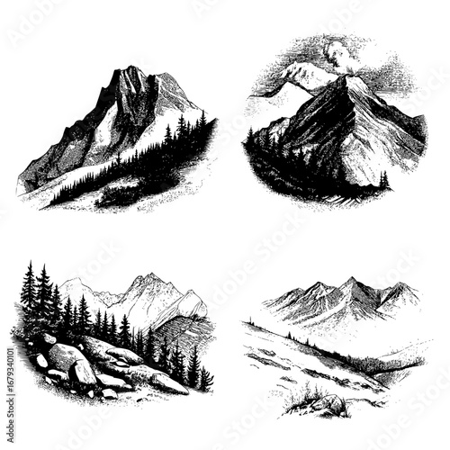 A collection of stylized black and white illustrations showcases the majestic beauty of mountain scenery, presenting the raw power and enchanting allure of the natural world.