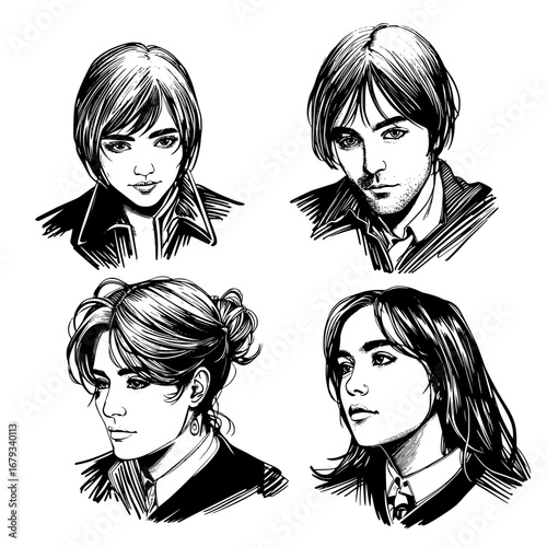 Intriguing line art portraits of four distinct individuals showcase a variety of facial expressions and hairstyles, each exuding its unique character. vector illustration