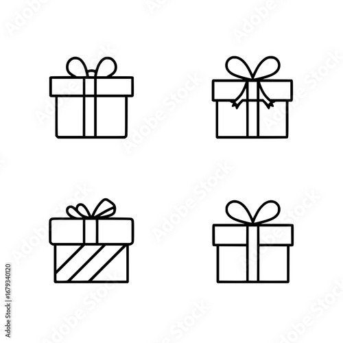 Four elegantly drawn gift boxes, each adorned with a delicate bow, are presented against a clean, uncluttered backdrop, symbolizing the essence of giving and celebration.