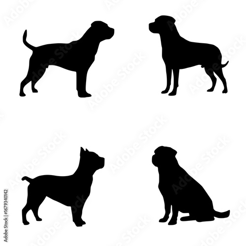 Four striking silhouettes of dogs in various poses against a clean background, an ideal design element for any project. Capturing the essence of these beloved pets. vector illustration
