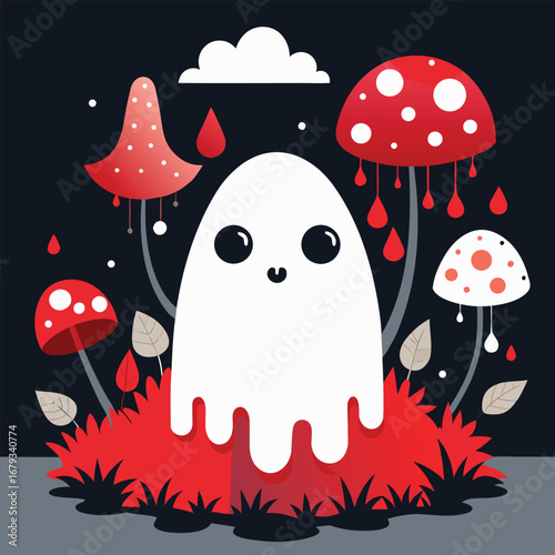 A seamless halloween vector illustration of cute, red fly agaric mushrooms and other fungi growing in the autumn forest grass